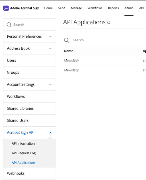 Menú API Applications en Adobe Sign