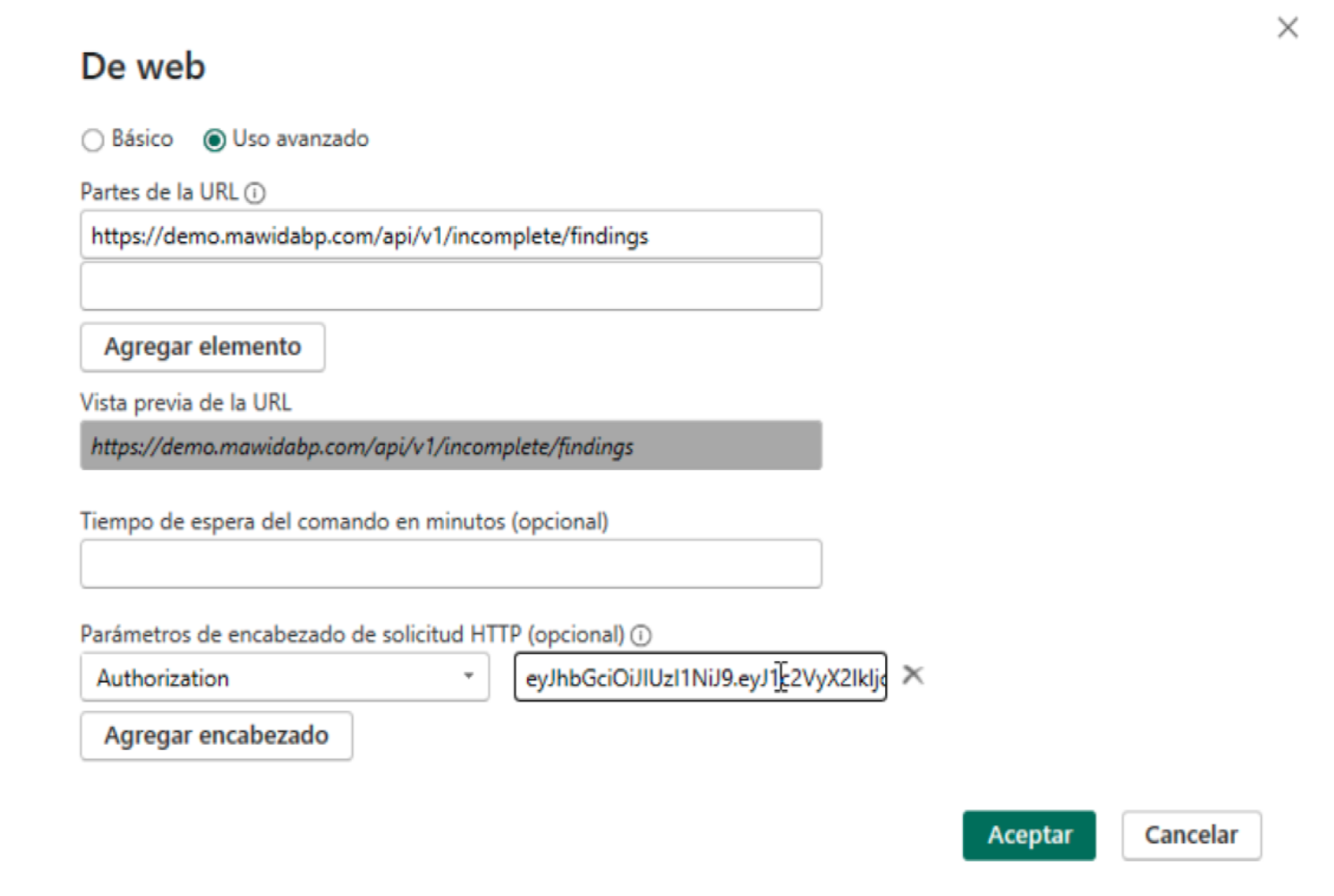 Conexión Web de Power BI con el encabezado Authorization