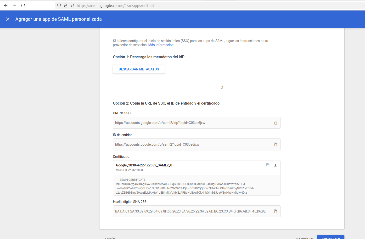 Detalles del IdP de Google Workspace