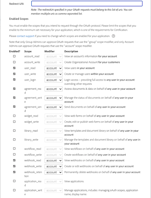 OAuth scopes configuration